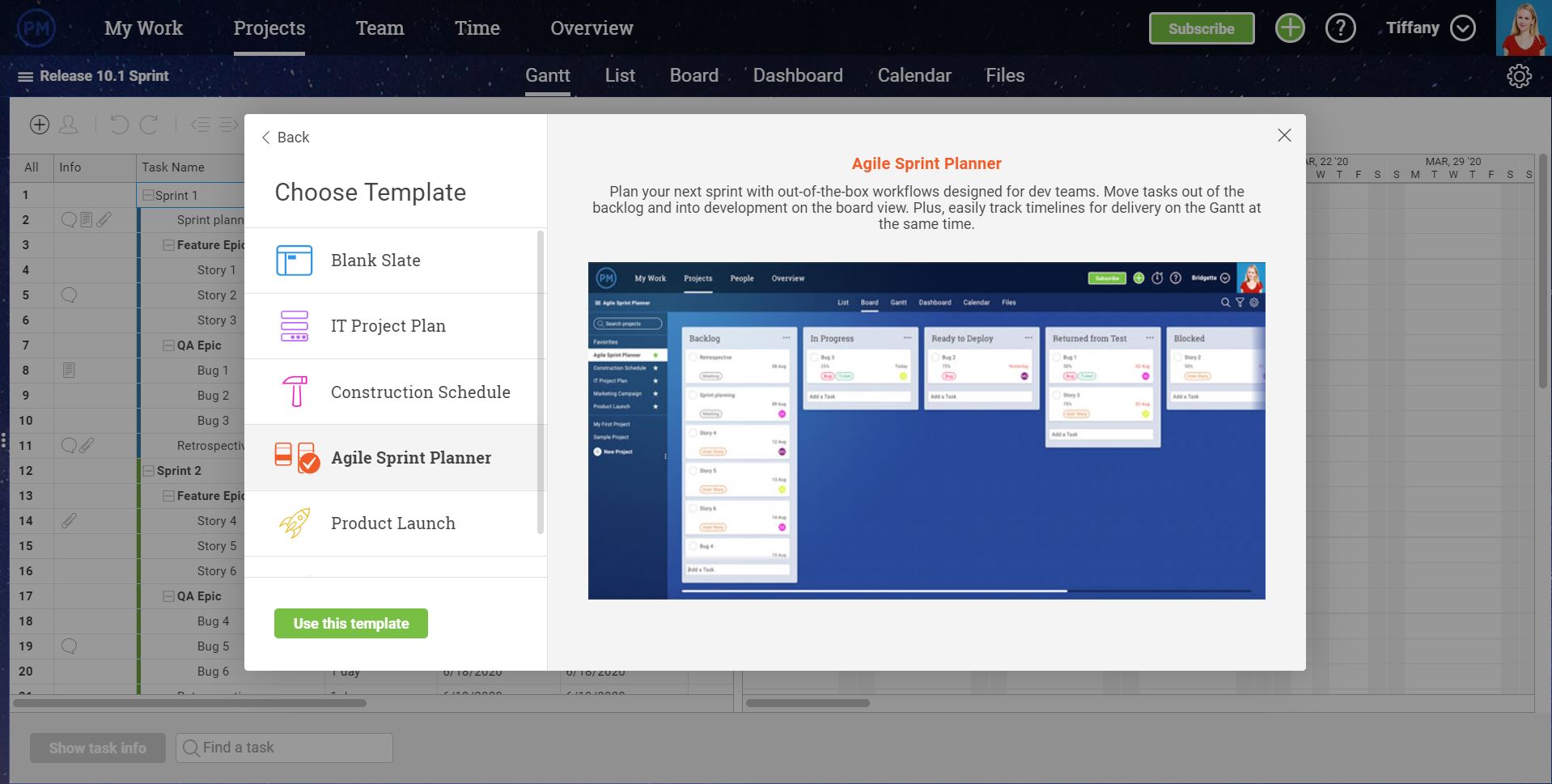 A screenshot of ProjectManager.com’s interface, where you can choose a template to help you start crafting your project.