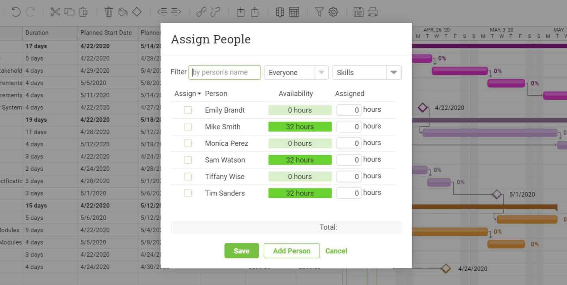 A screenshot of ProjectManager.com’s “Assign People” interface, where you can select teammates to work on a project.