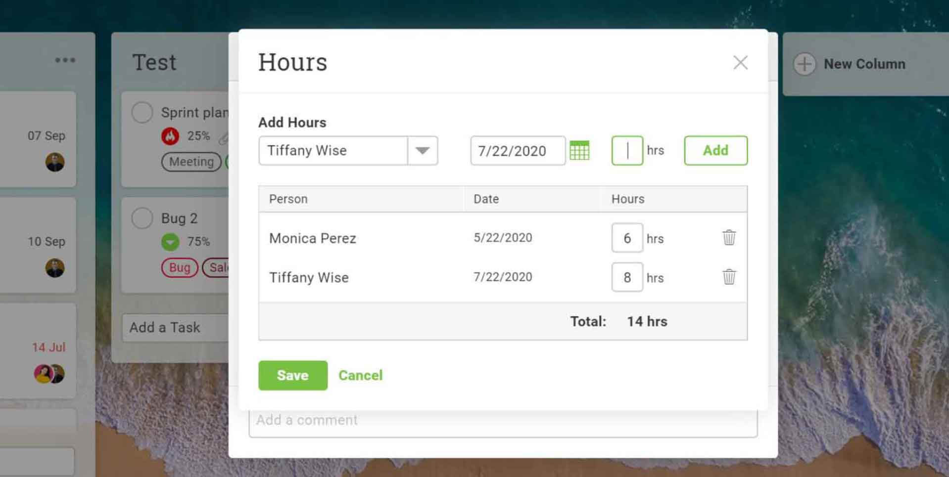 A screenshot of ProjectManager.com’s hour-logging interface.