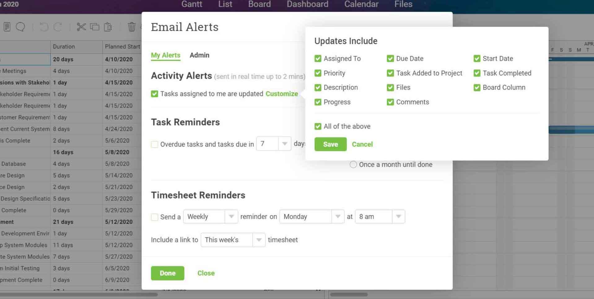 A screenshot of ProjectManager.com’s email alert interface.