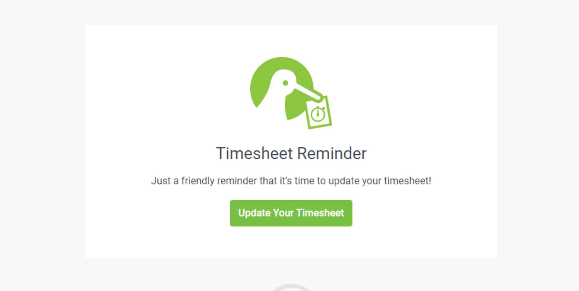 A screenshot of an automatically sent ProjectManager.com email, reminding users to update their timesheet.
