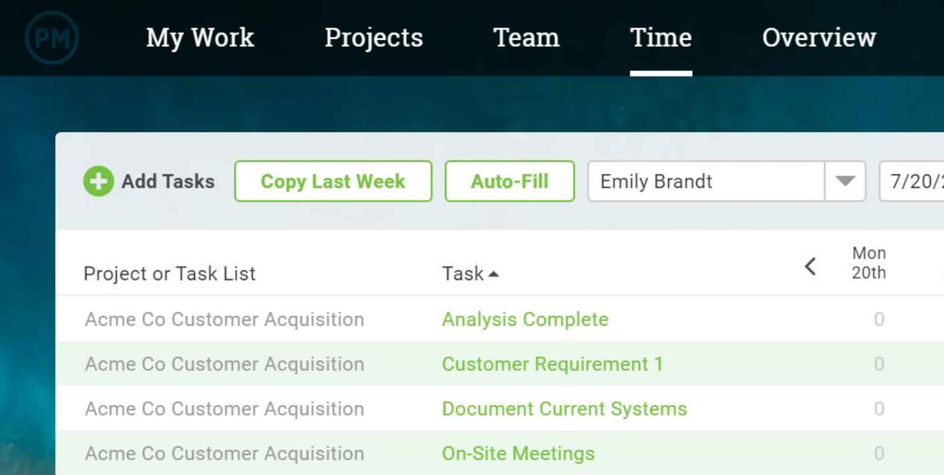 A screenshot of ProjectManager.com’s interface, showing the “submit weekly timesheets for approval” button.