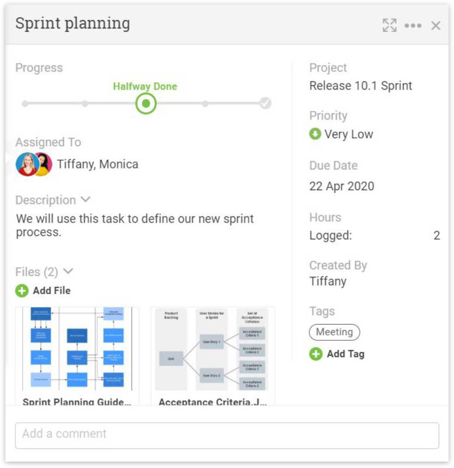 A screenshot of ProjectManager.com’s task interface, showing progress, who’s assigned to it, attached files and more