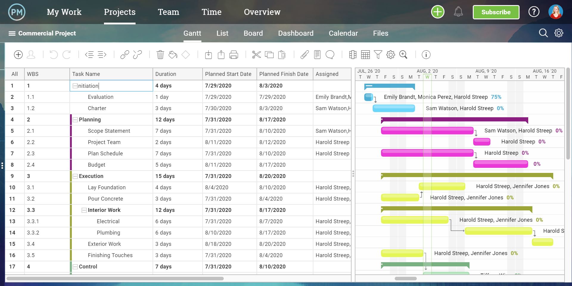 A screenshot of ProjectManager.com’s Gantt chart interface, showing tasks and subtasks for a work breakdown structure WBS.