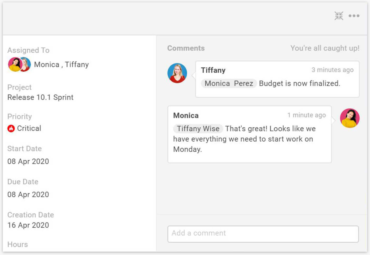 A screenshot of ProjectManager.com’s task interface, with the comments section opened, showing comments between team members