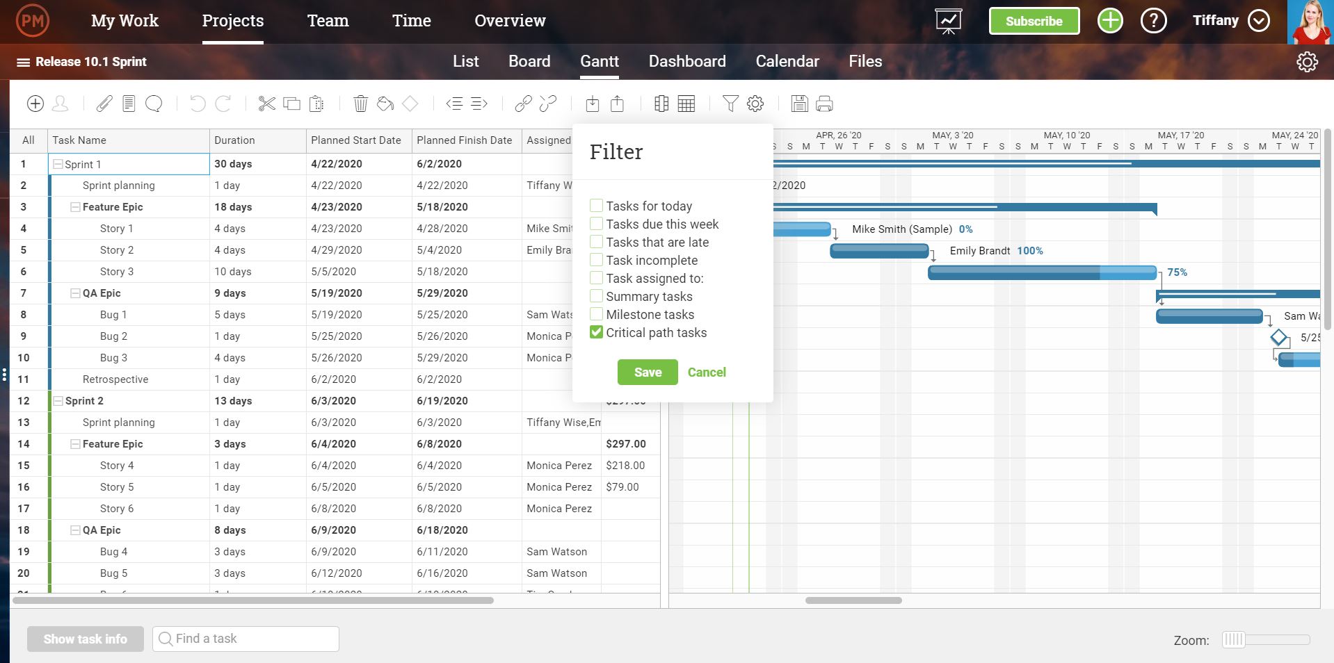 A screenshot of the Gantt Chart view, with a pop up with filters, including the one to filter by critical path.