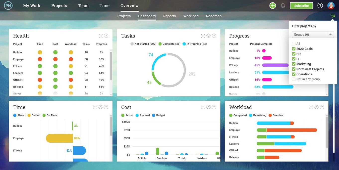Una captura de pantalla de la página de paneles de información general de ProjectManager.com, que muestra diferentes métricas del proyecto en forma de cuadros y gráficos.