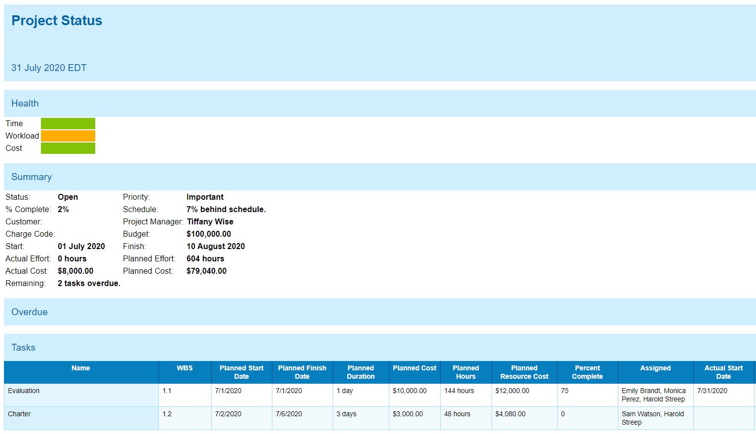 A screenshot of a report generated by ProjectManager.com.