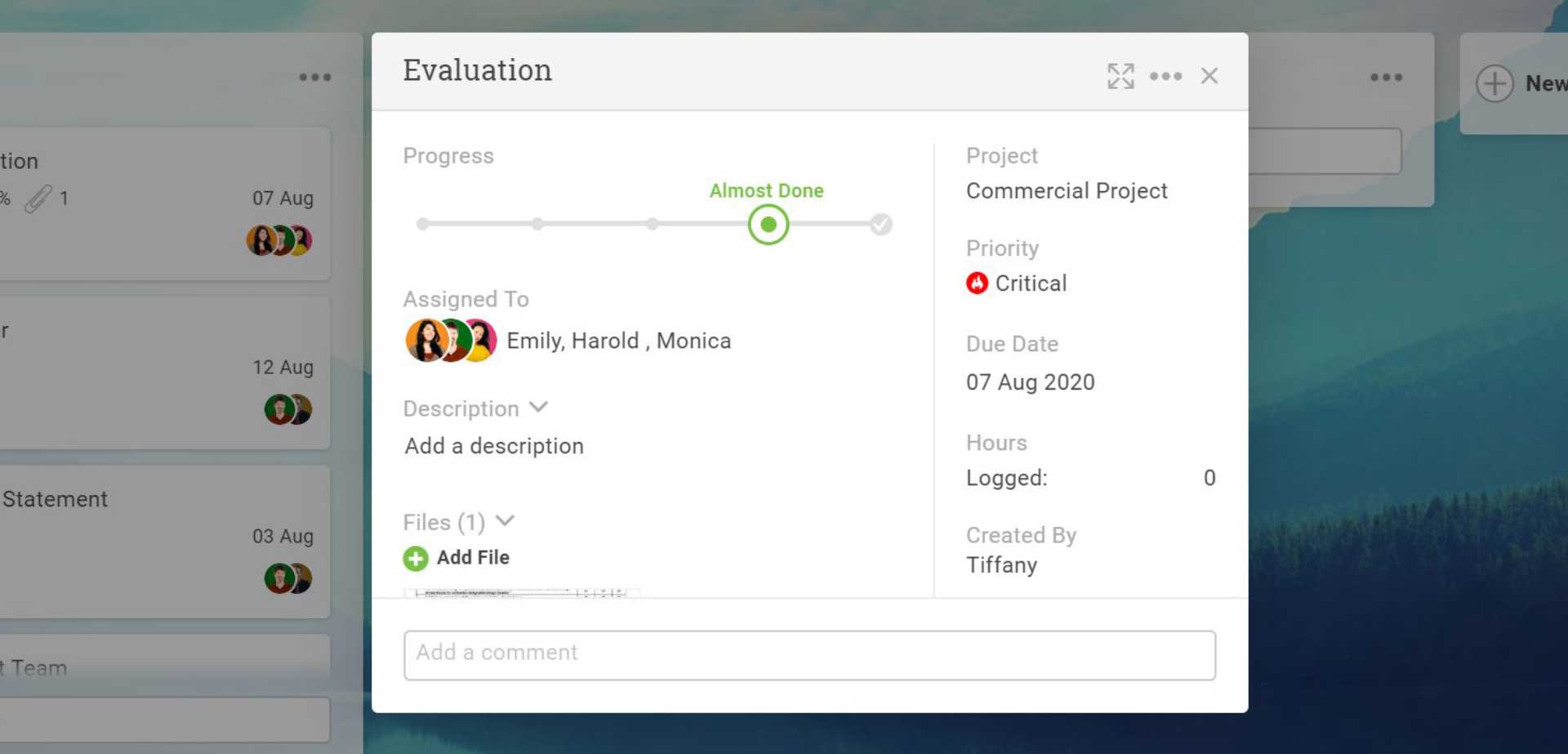 A zoomed-in screenshot of ProjectManager.com’s task interface, showing the pop-up menu that allows users to select the status and priority of a task for a work breakdown structure WBS.