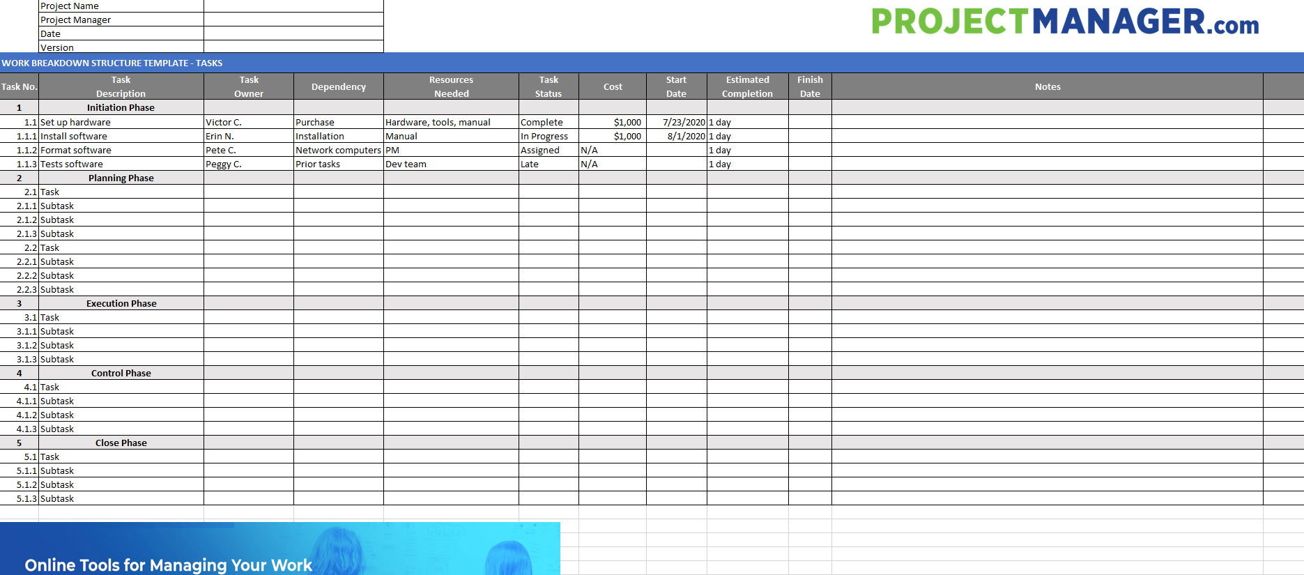 A screenshot of the Work Breakdown Structure template from ProjectManager.com.
