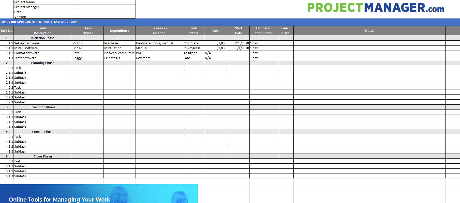 Work Breakdown Structure Excel Template from www.projectmanager.com