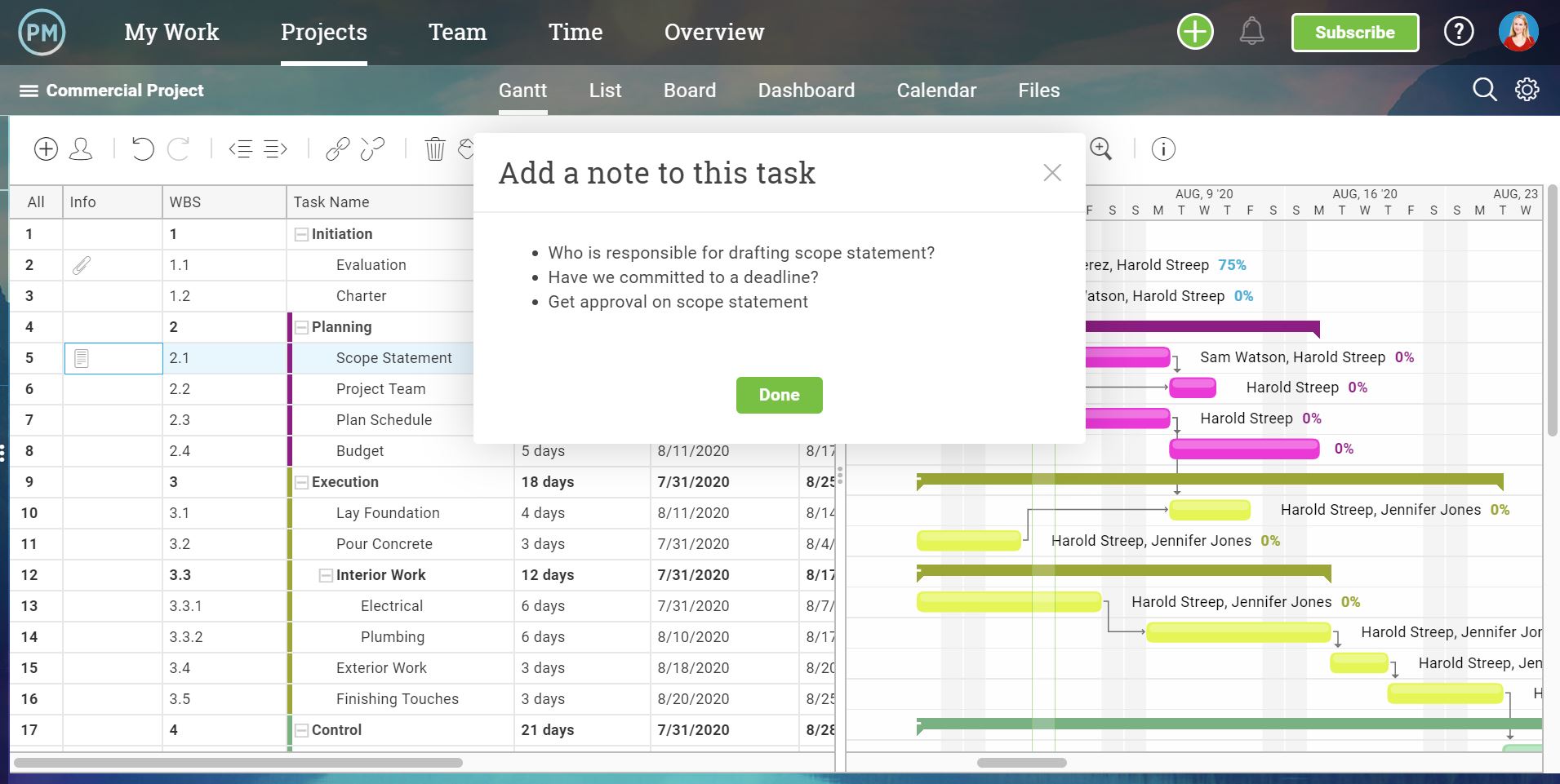 A screenshot of ProjectManager.com’s task interface, allowing users to add notes to tasks for a work breakdown structure WBS.