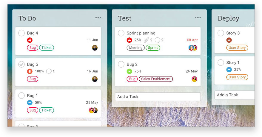 Screenshot of ProjectManager.com's Kanban board view, showing three columns with tasks in each of them