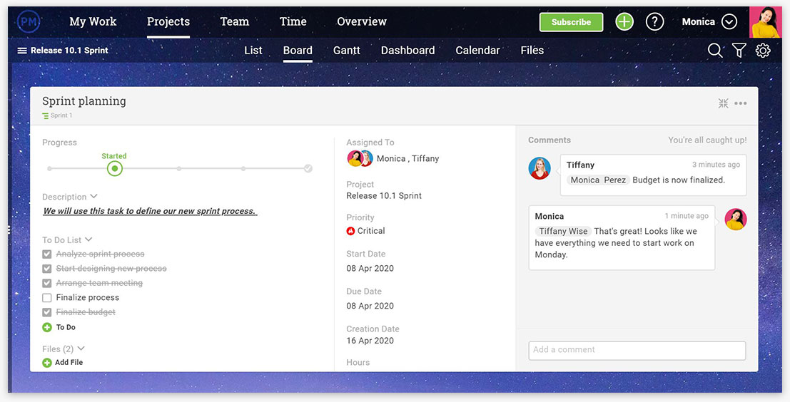 A screenshot of comments on a task in ProjectManager.com