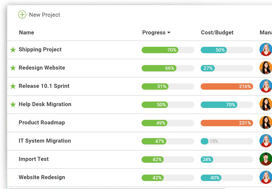 A screenshot of a list of multiple projects in ProjectManager.com