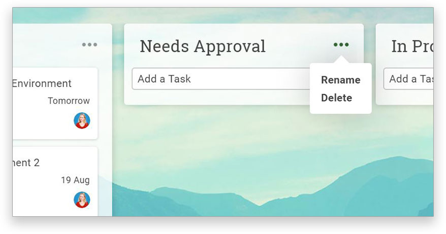 A screenshot of ProjectManager.com’s customizable kanban columns, showing the ability to name them what you want