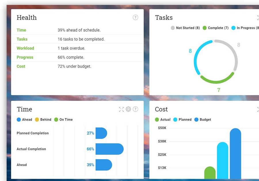 A screenshot of one of ProjectManager.com’s dashboards, displaying key metrics like health and time