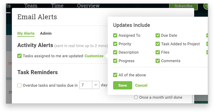 A screenshot of ProjectManager.com’s email alert interface, customized to share just the notifications you want to get