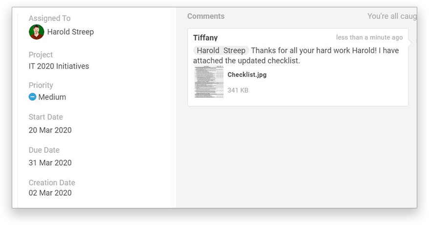 A screenshot of a task, with progress bar for team member to set their status