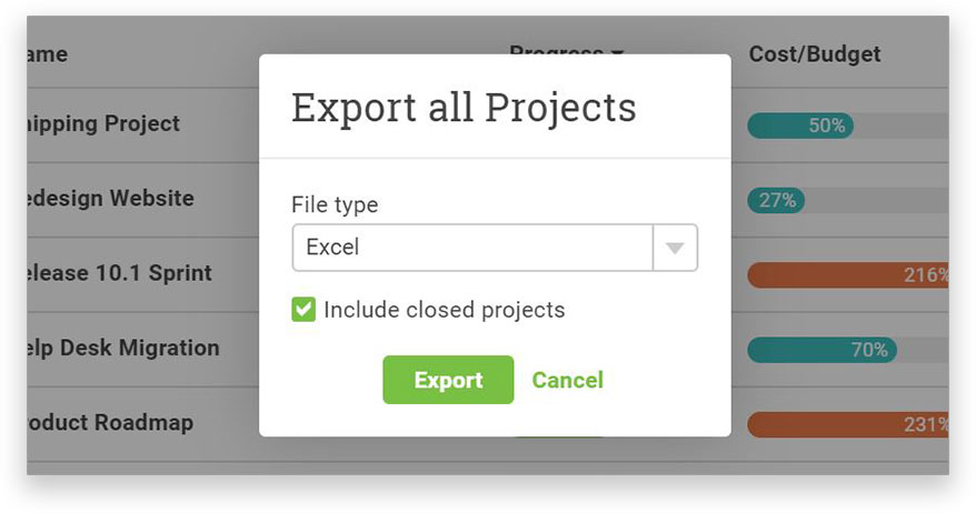 A screenshot of ProjectManager.com’s export all projects window with options to choose to export