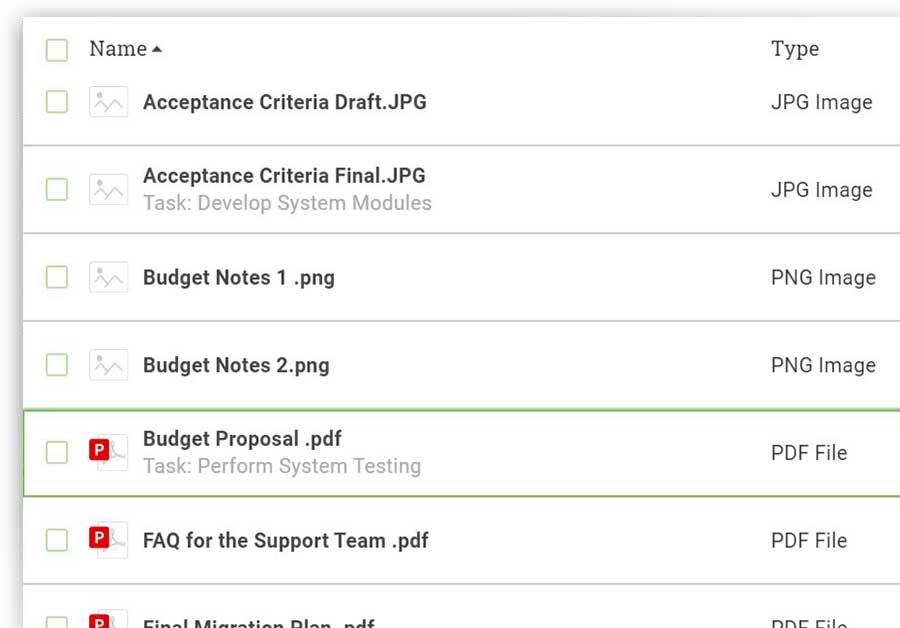 A screenshot of a list of files attached to a project in ProjectManager.com