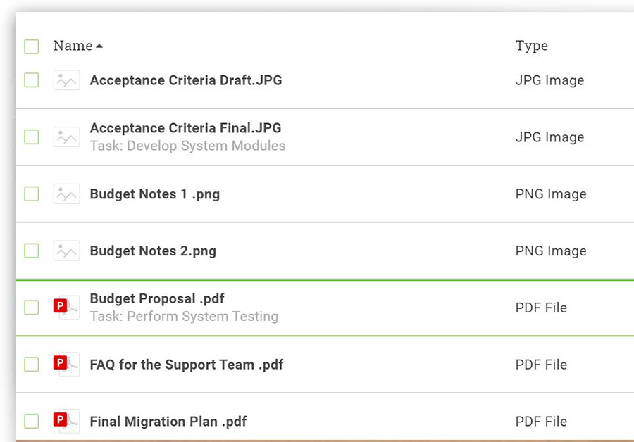 A screenshot of ProjectManager.com’s file storage interface, showing a list of files saved on ProjectManager.com