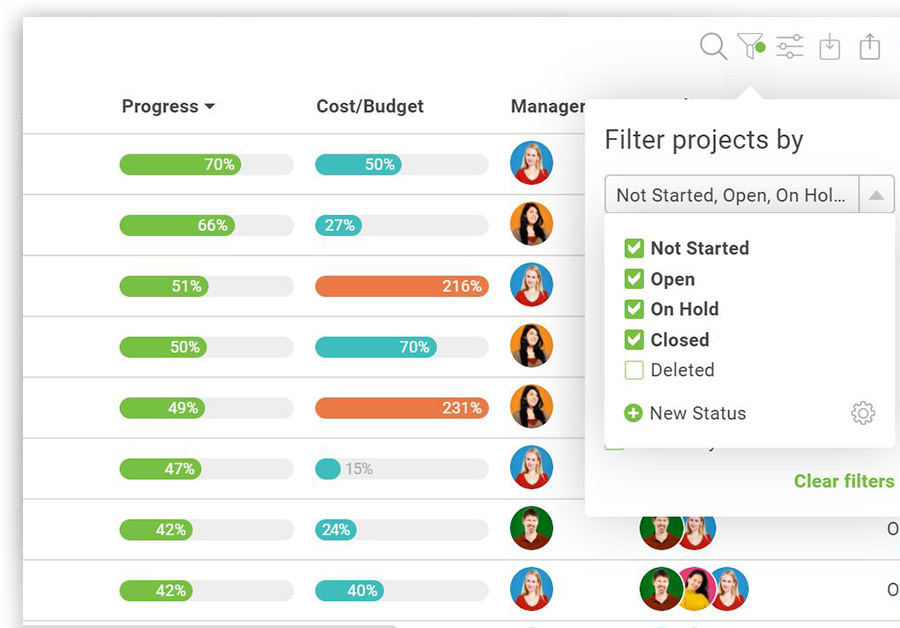 A screenshot of ProjectManager.com’s filter by projects window
