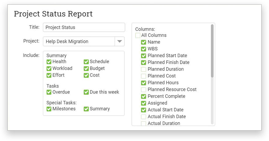 A screenshot of the Project Status Report, used for setting up a report on the status of a project