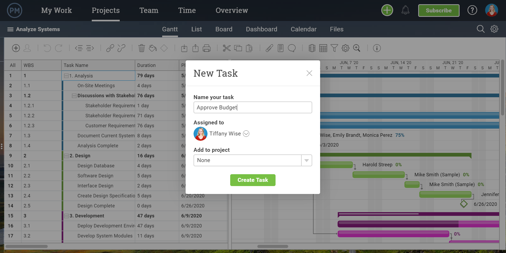 A screenshot of the Gantt Chart view, with a pop-up to create a new task.