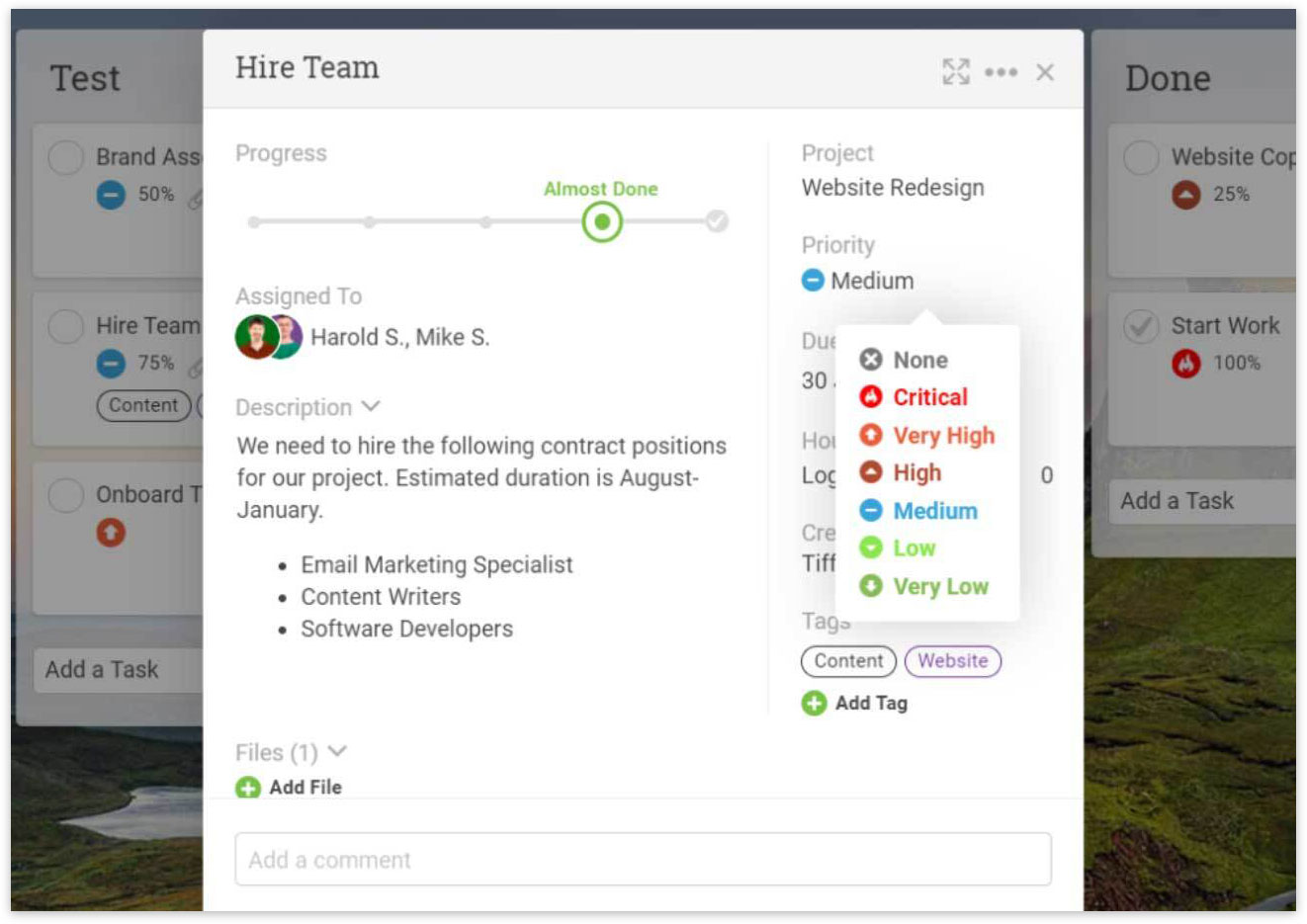 A screenshot of ProjectManager.com’s kanban board, with multiple columns that represent different stages of production