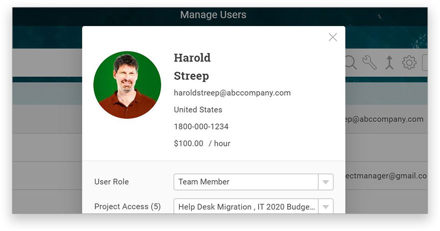 A screenshot of the team member interface, where you can set up team member profiles and invite them to the project
