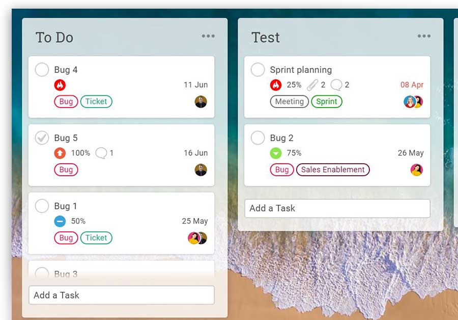 A screenshot of a kanban board in ProjectManager.com