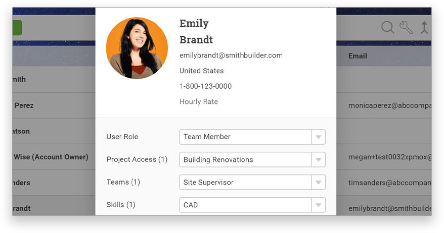 Screenshot of a profile in PM.com, displaying a member’s role, project and skills
