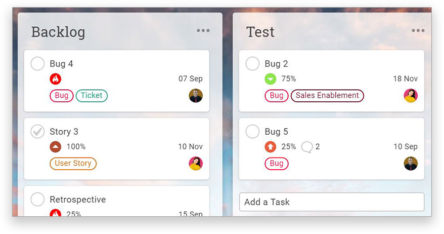 A screenshot of ProjectManager.com’s kanban interface, where you can drag and drop cards from one kanban column to the next