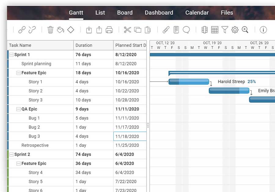 A screenshot of a Gantt chart, one of the multiple project views available on ProjectManager.com
