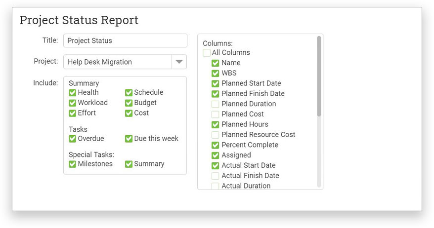 Screenshot of ProjectManager.com's report generator, showing toggleable key metrics to export into a report