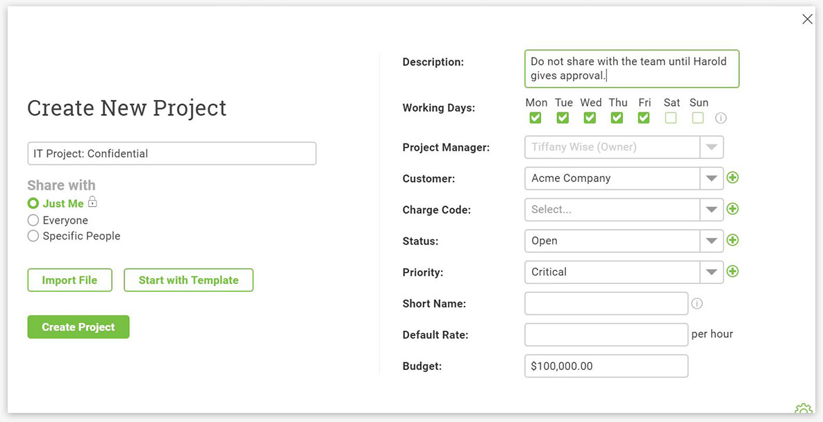 A screenshot of ProjectManager.com’s Create New Project window, with text boxes for different project info, including who to share it with, description and more