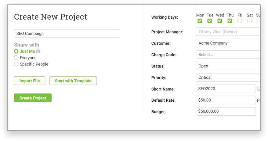 A screenshot of the “Create New Project” popup in the software with fields to add description, working days and more