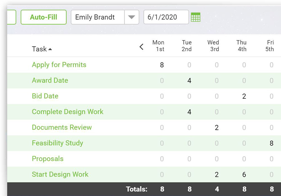 A screenshot of a timesheet in ProjectManager.com