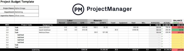 Project budget template for managing cost in the triple constraint