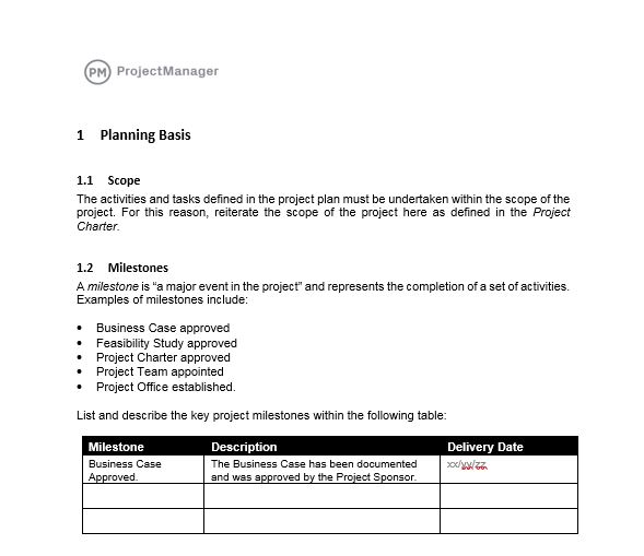 A Project Plan Template, showing the first steps in the form-fillable project management plan template document