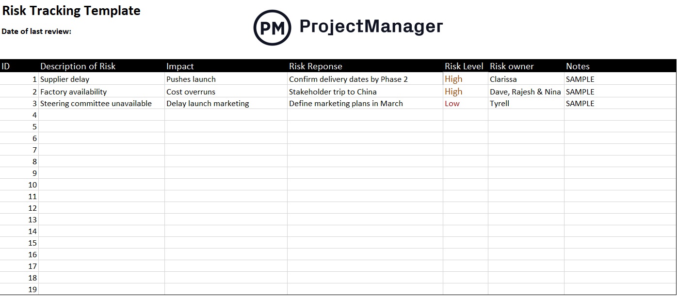 Risk tracking spreadsheet for Excel