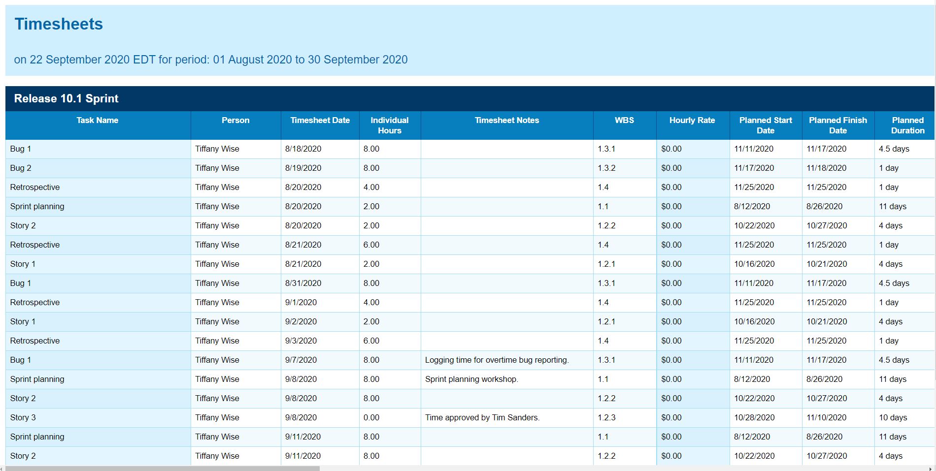 Details on team’s logged hours monitored on timesheet report