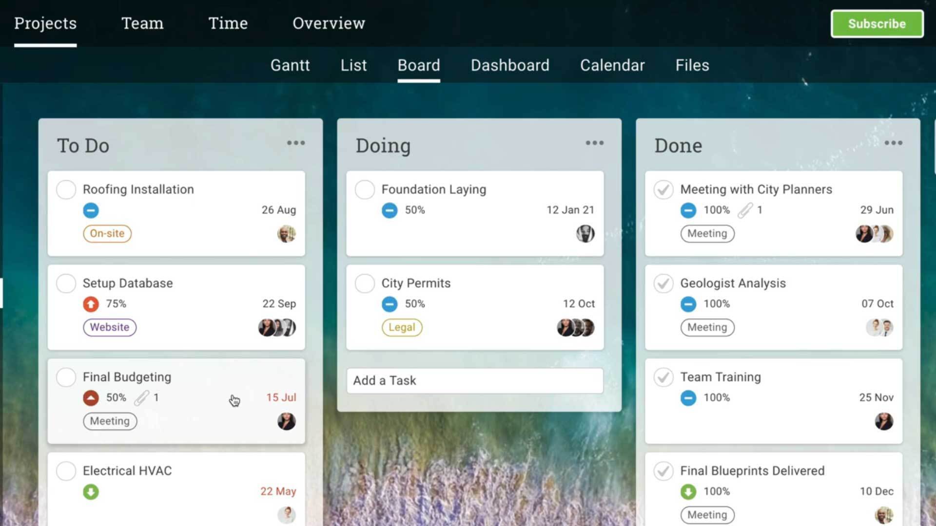 A screenshot of a kanban board in ProjectManager.com