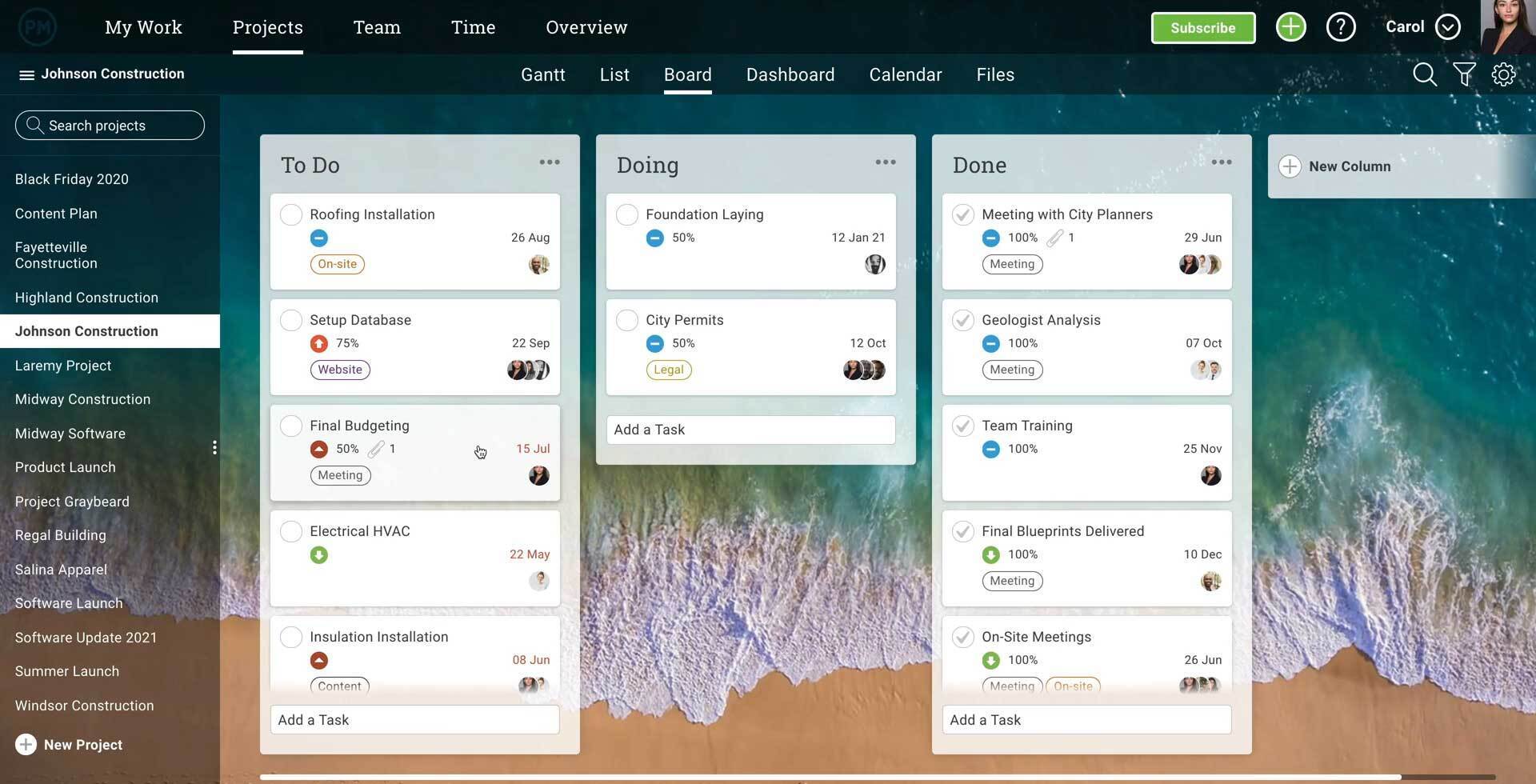 The kanban board in ProjectManager.com