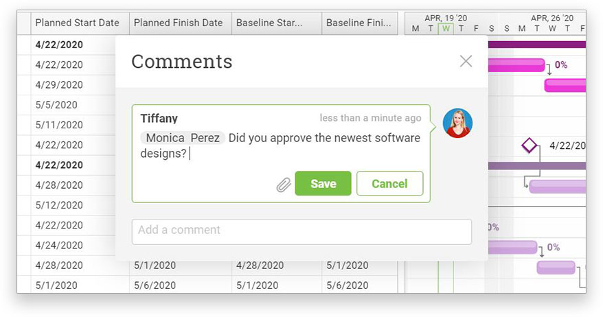 Gantt chart with popup for comments or attachments to add to task