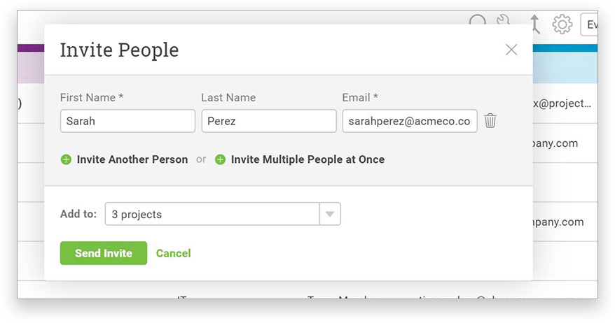 A screenshot of the invite people window, with team member name and project listing