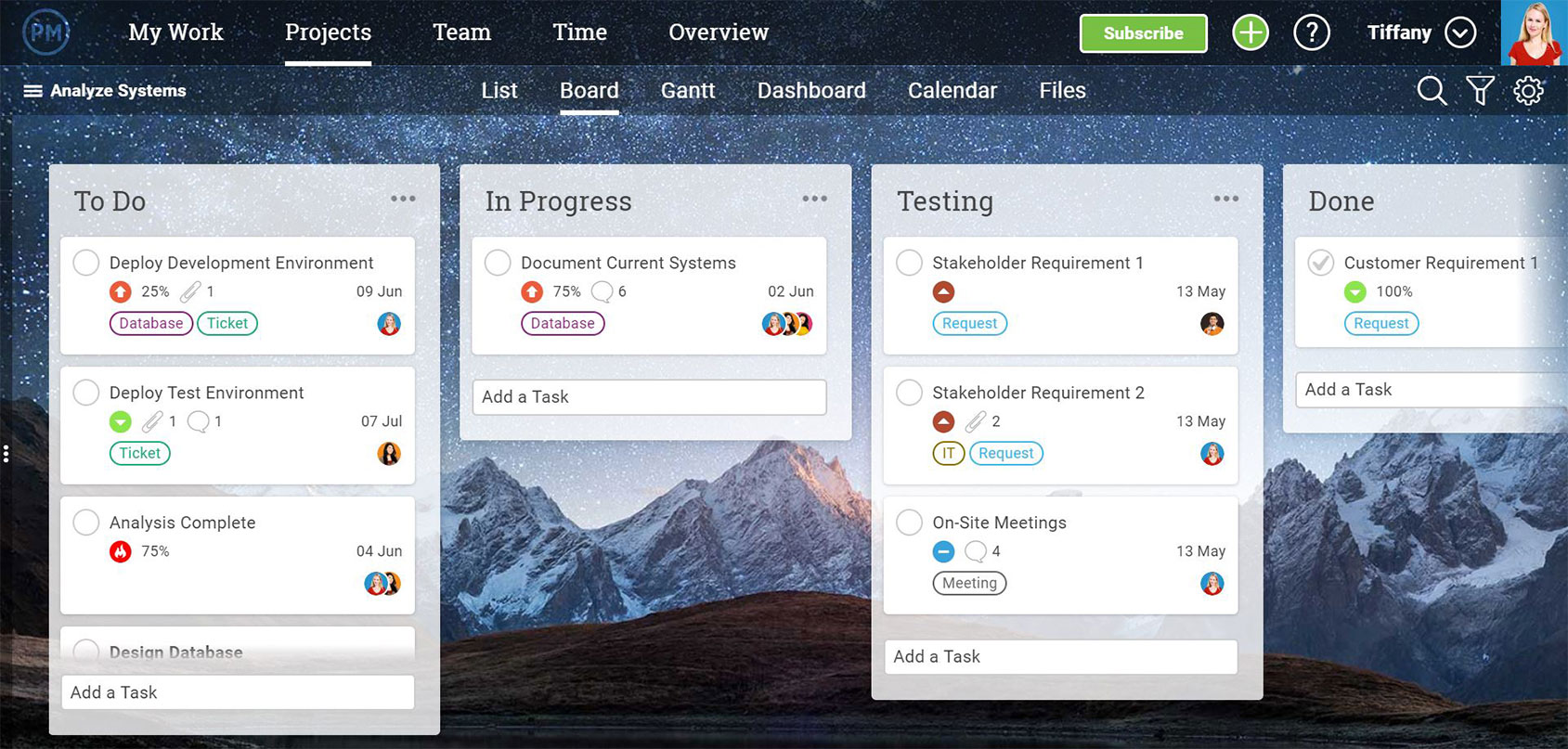 A screenshot of the ProjectManager.com’s kanban board, showing columns with to-do lists