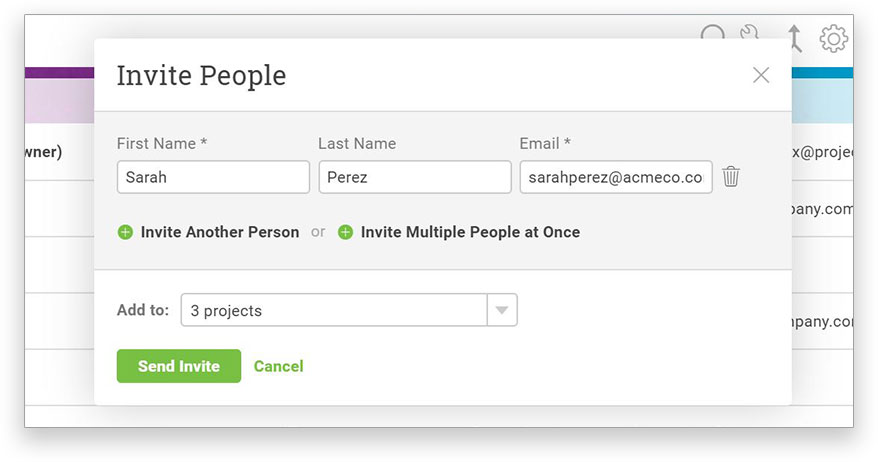A screenshot of the “Invite” window to onboard team members