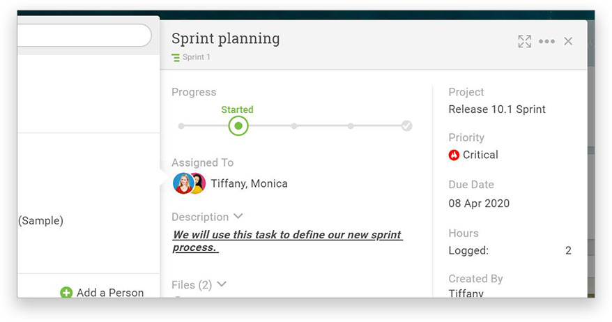 A screenshot of the Kanban card open with a window listing team members assigned to that task